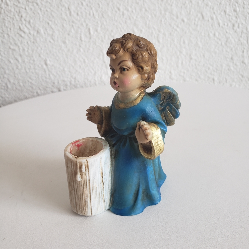 #Antique Italy Handpainted Angel Pilgrim Boy Mini Candle Stick Signed By Artist